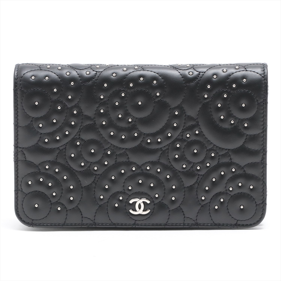 【古着】chanel 香奈儿 camelia系列羊皮银扣铆钉链条包 黑色a(二手)