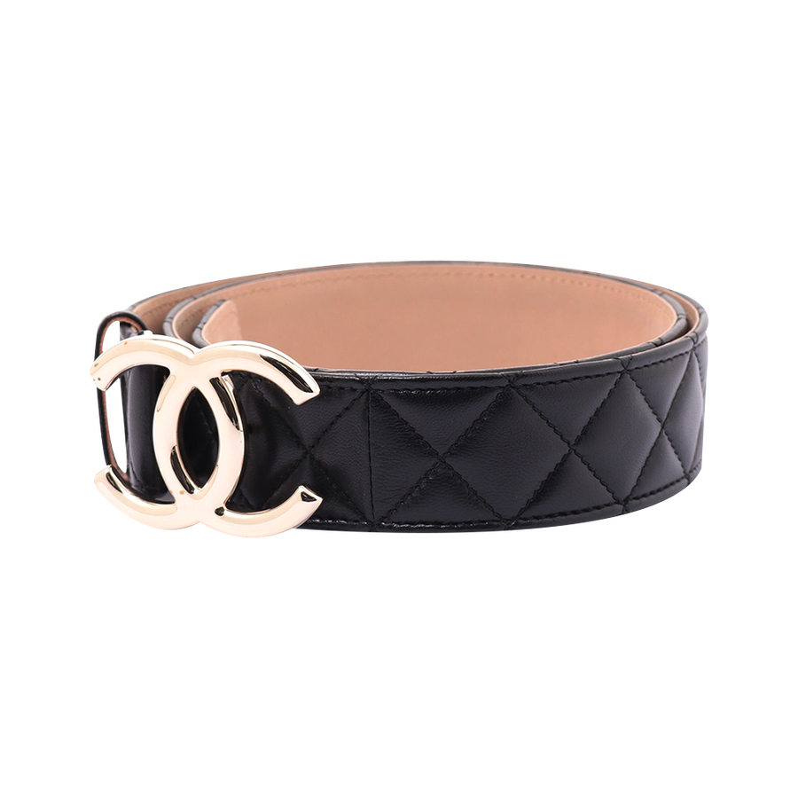 自营【古着】chanel 香奈儿 双c标志棱纹格皮带(皮革) 黑色 (二手)(ab